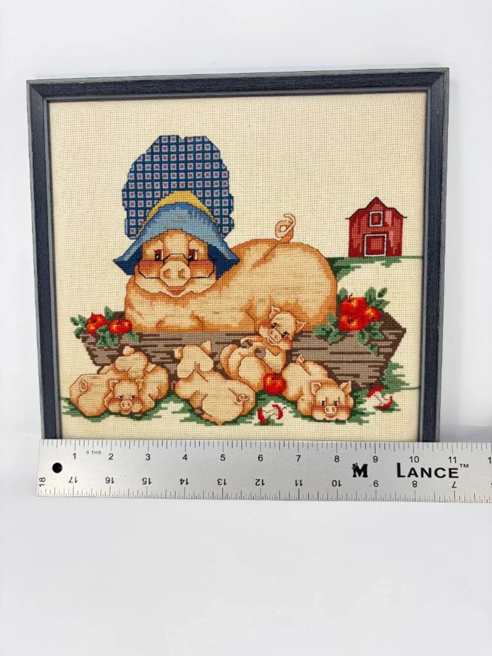 VTG Handmade Framed Cross Stitch Momma Pig & Piglets, 